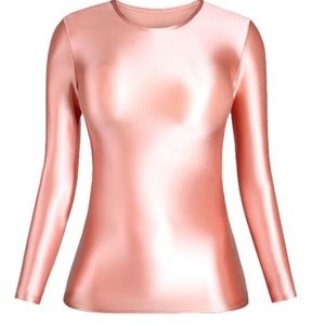 Pink Stretchy Satiny Long Sleeve Shirt